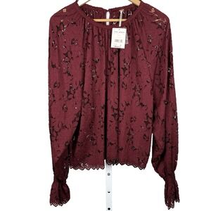 Free People Olivia Top Sz L Bell Sleeve Burgundy Lace Tunic Floral Romantic Boho